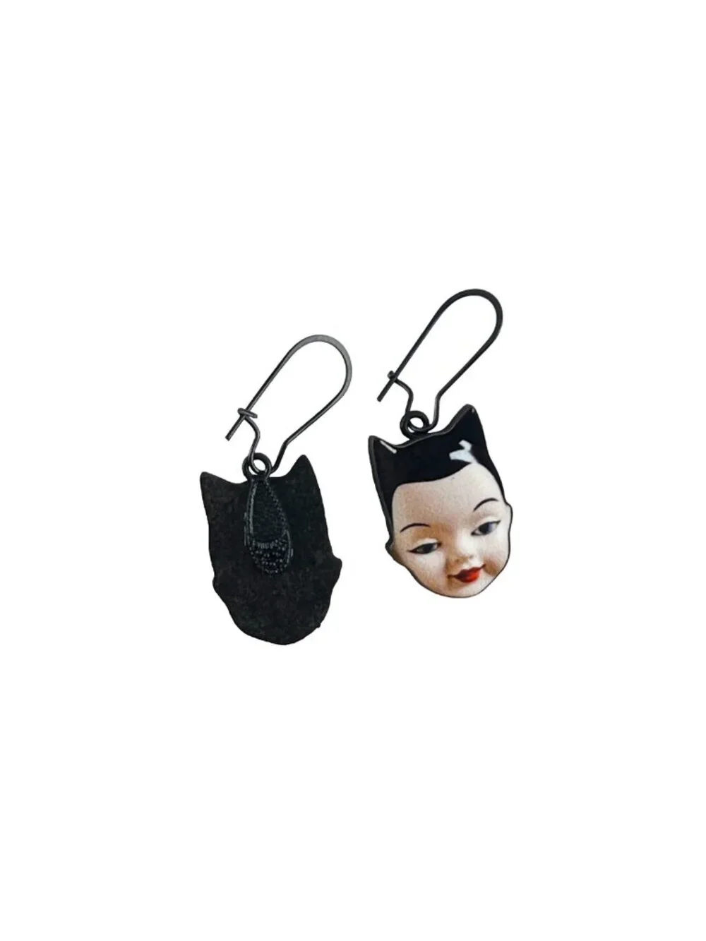 Vintage Style Earrings Doll Face with Black Cat Ears – Black Kidney Ear Wires